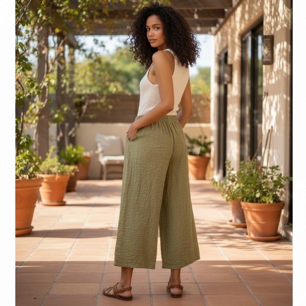 Topshop woman’s olive green wide leg crinkle ankle pants size 4 Small - Picture 3 of 13